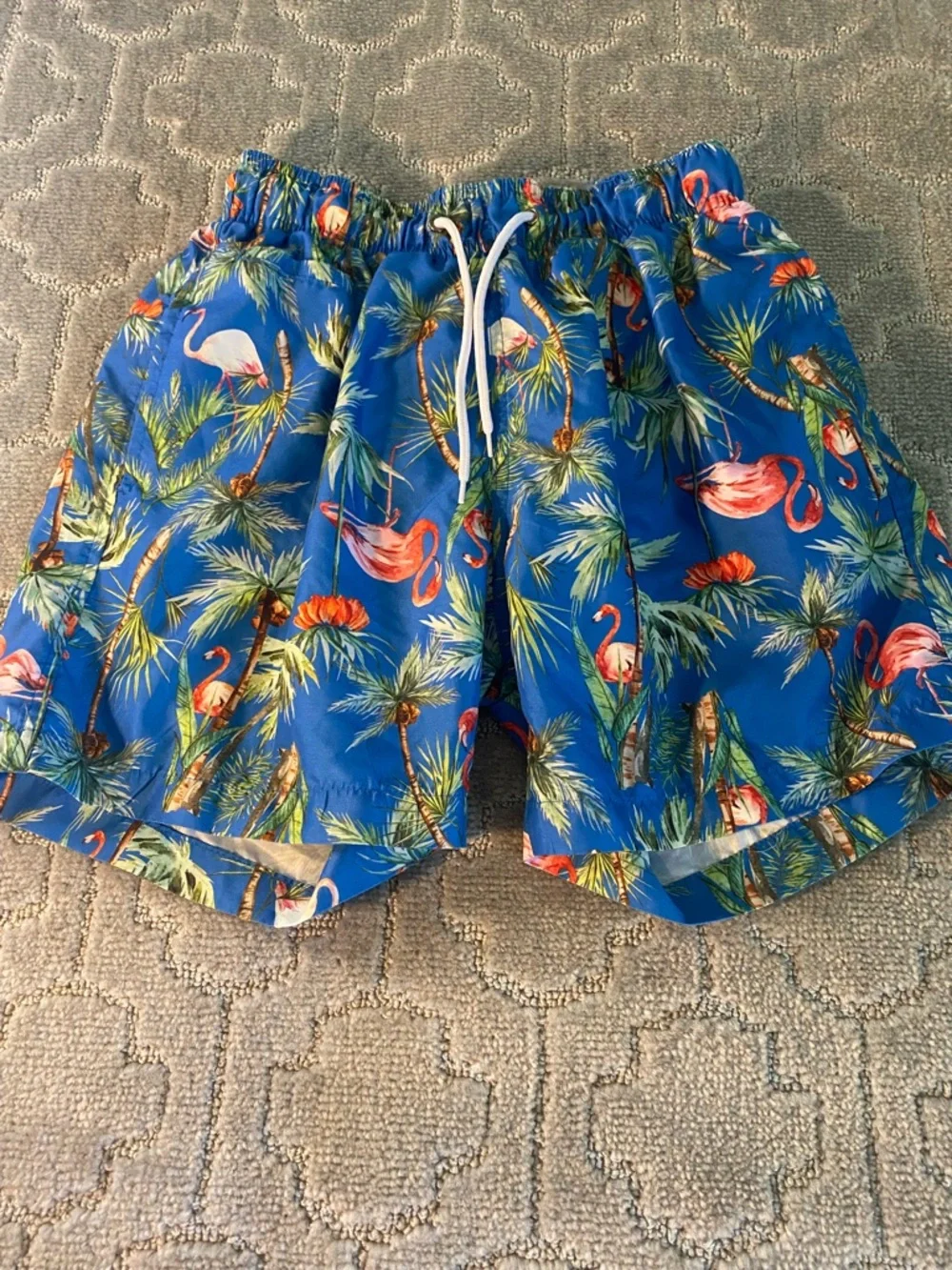 Charleston Threads Swim Trunks Mens Medium‎ Blue Flamingo Palm Trees